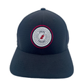 Front: Black hat with white and red circular patch, says Carolina Hurricanes with Flags logo