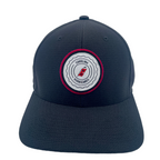 Front: Black hat with white and red circular patch, says Carolina Hurricanes with Flags logo