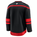Back: Black jersey with dark gray shoulders and red trim, Fanatics logo in white at neck