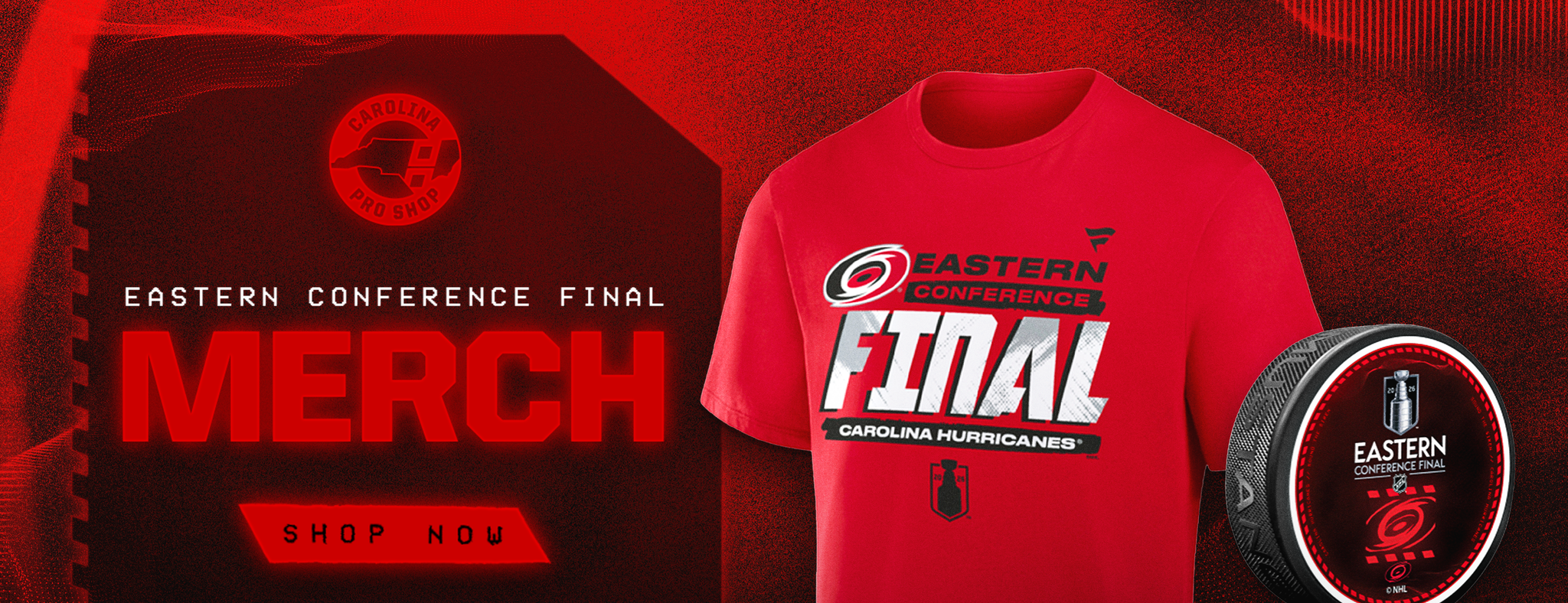 "Eastern Conference Final Merch" in red/white, Red ECF Tee & Puck over red/black background