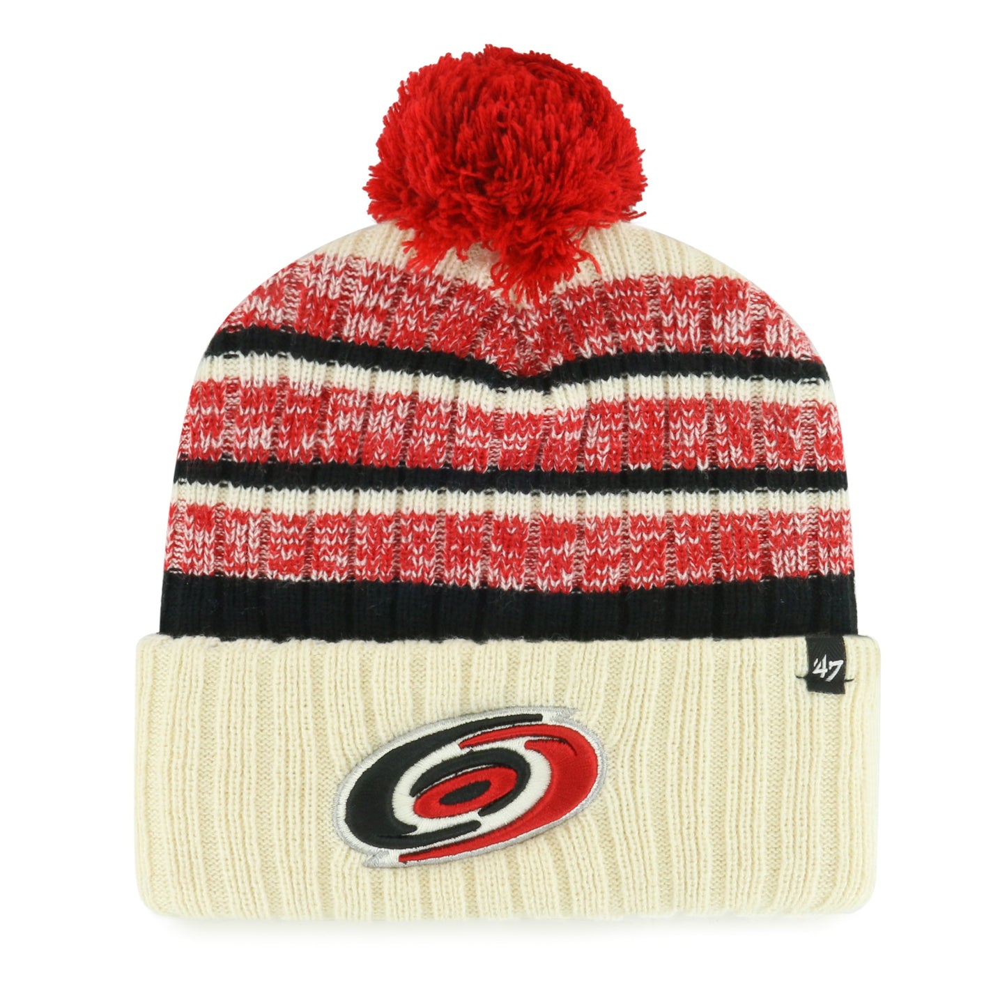 Front: Cream, black and red cuffed knit with red pom, primary logo on cuff