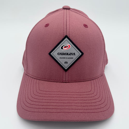 Beet red hat with gray diamond-shaped patch, says Carolina Hurricanes with primary logo