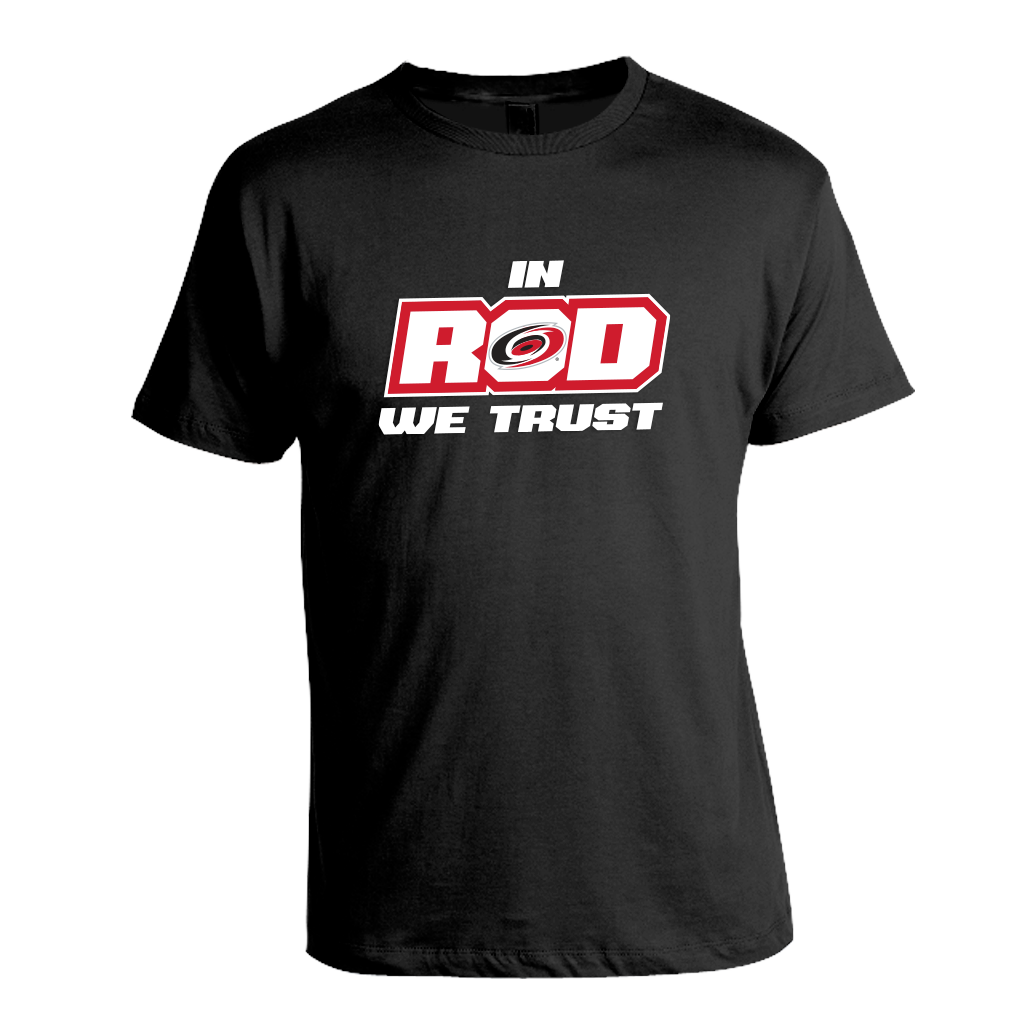 Black tee with In Rod We Trust graphic on front in white and red