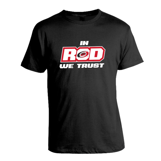 Black tee with In Rod We Trust graphic on front in white and red