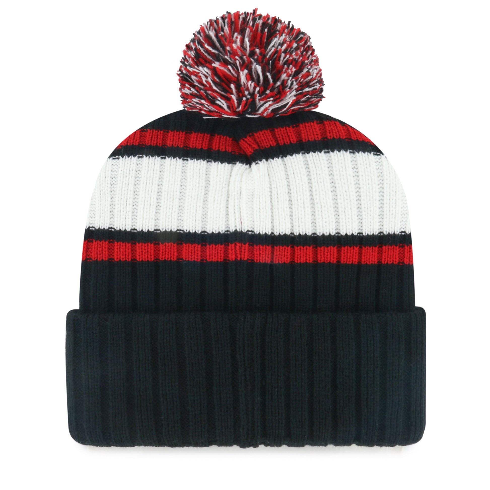 Back: Black, white and red cuffed knit with tri-colored pom