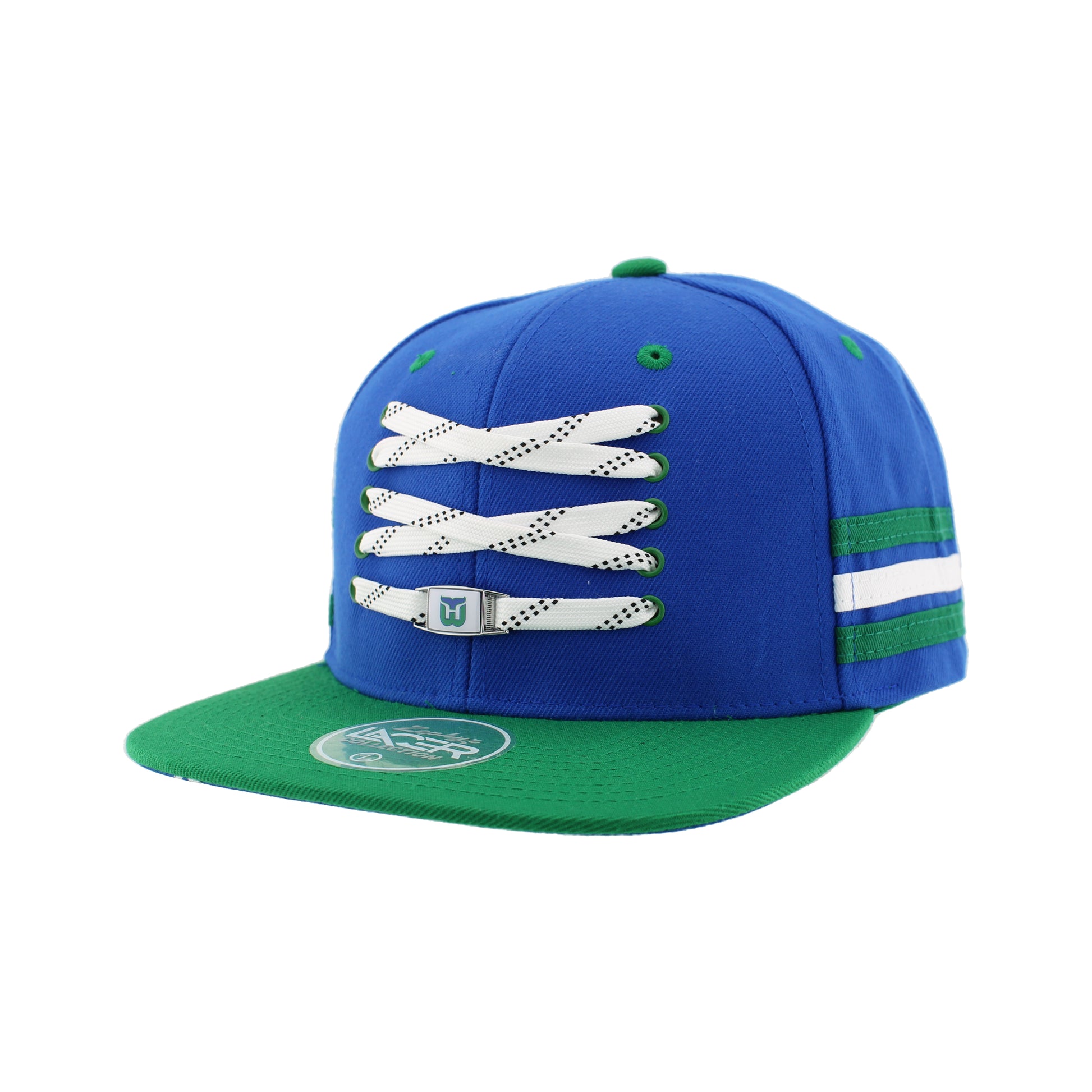 Front: Blue hat with green brim, hockey laces and eyelets on front with Whalers logo charm