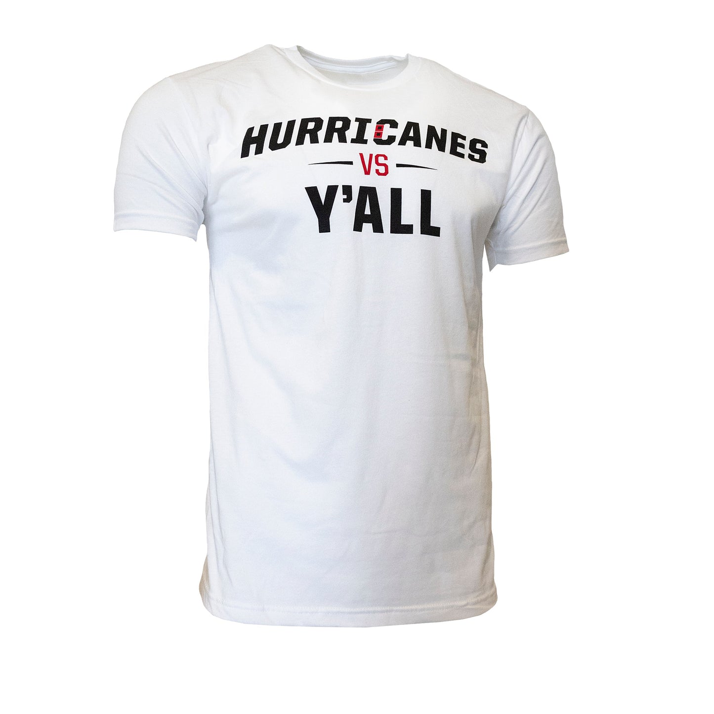 White tee that says Hurricanes vs. Y'all in black and red on front