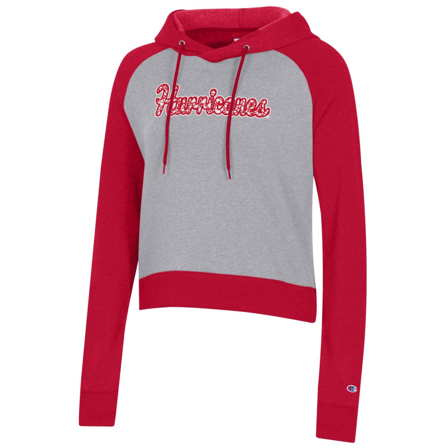 Gray and red hoodie with Hurricanes written in script front across chest