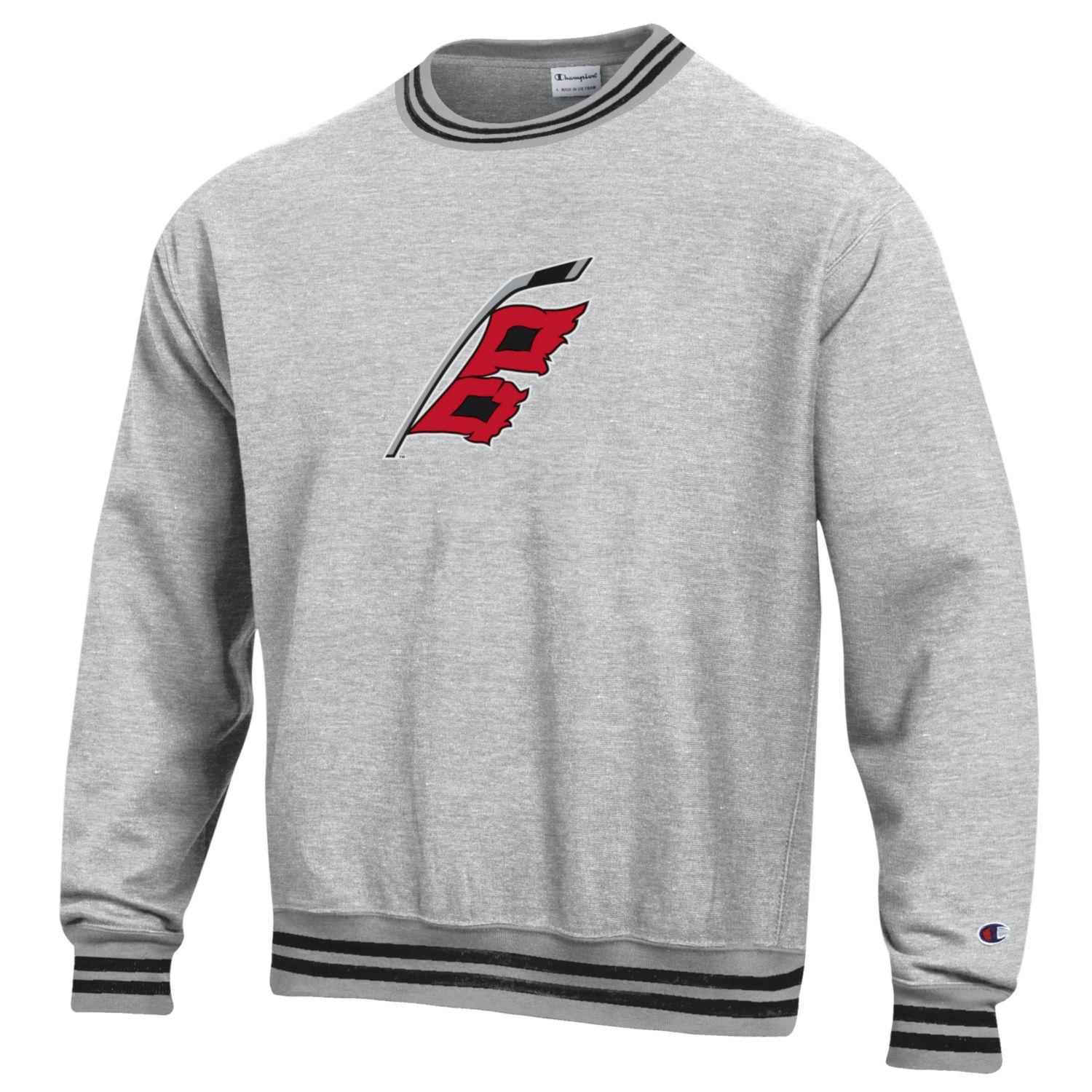 Gray crewneck with black striping at neck, waist, and wrists, Flags logo on front