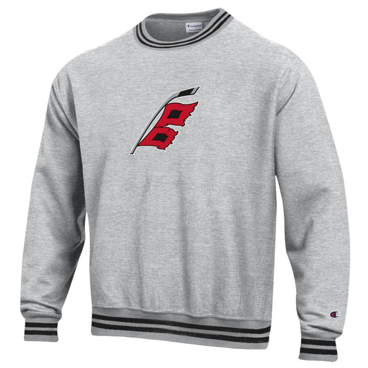 Gray crewneck with black striping at neck, waist, and wrists, Flags logo on front