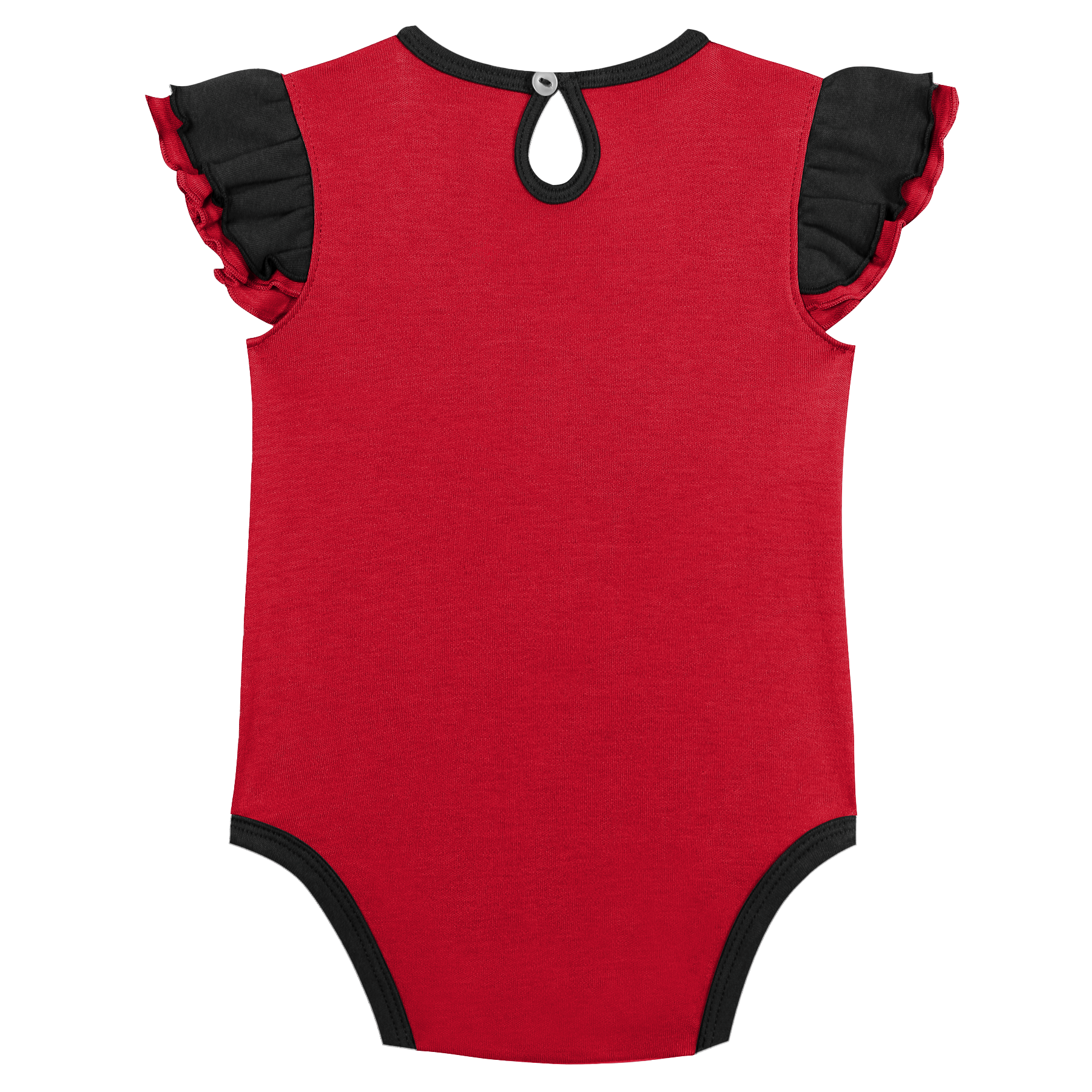 Back of red onesie with black trim, ruffled sleeves