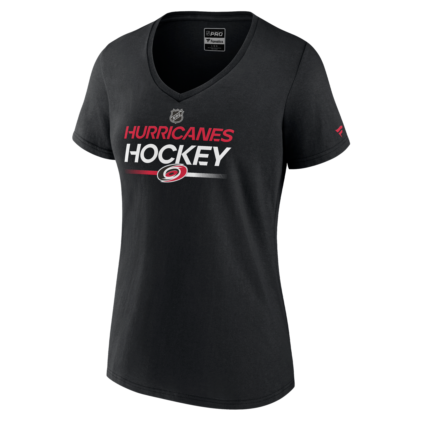 Front: Black v-neck tee with red and white Hurricanes Hockey graphic