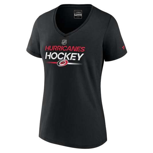 Front: Black v-neck tee with red and white Hurricanes Hockey graphic