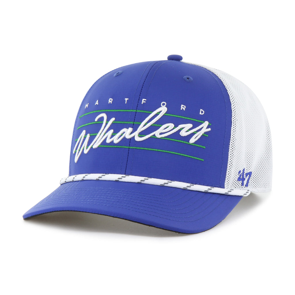 Left: Black hat with white rope across brim, blue 47 logo on left