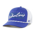 Left: Black hat with white rope across brim, blue 47 logo on left