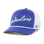 Left: Black hat with white rope across brim, blue 47 logo on left
