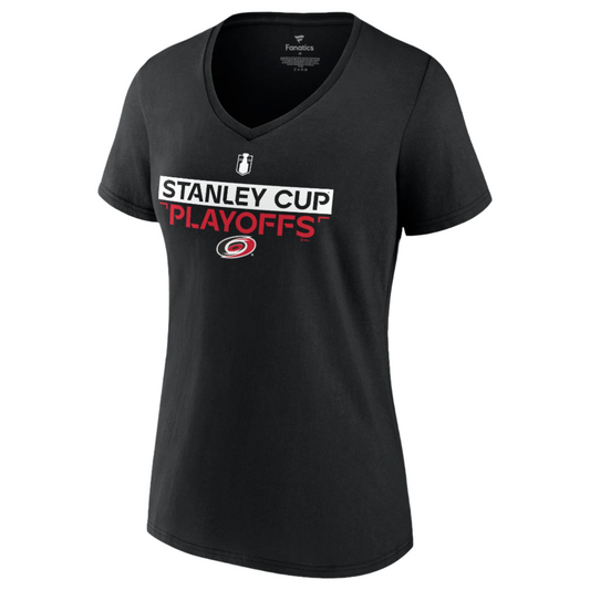 black v neck tee with 2023 Stanley Cup Playoffs logo on front with Hurricanes primary logo