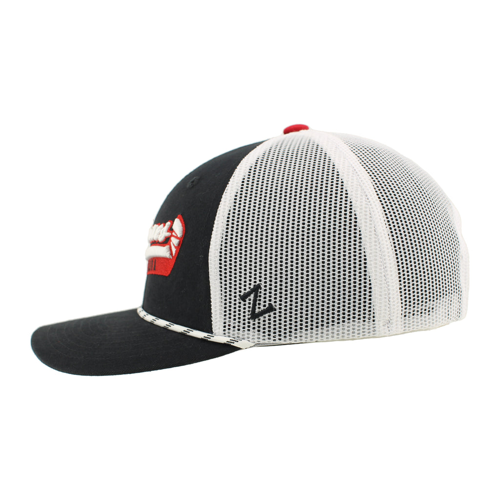 Left: Black "Z" Zephyr logo on left side of white meshback