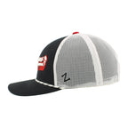 Left: Black "Z" Zephyr logo on left side of white meshback