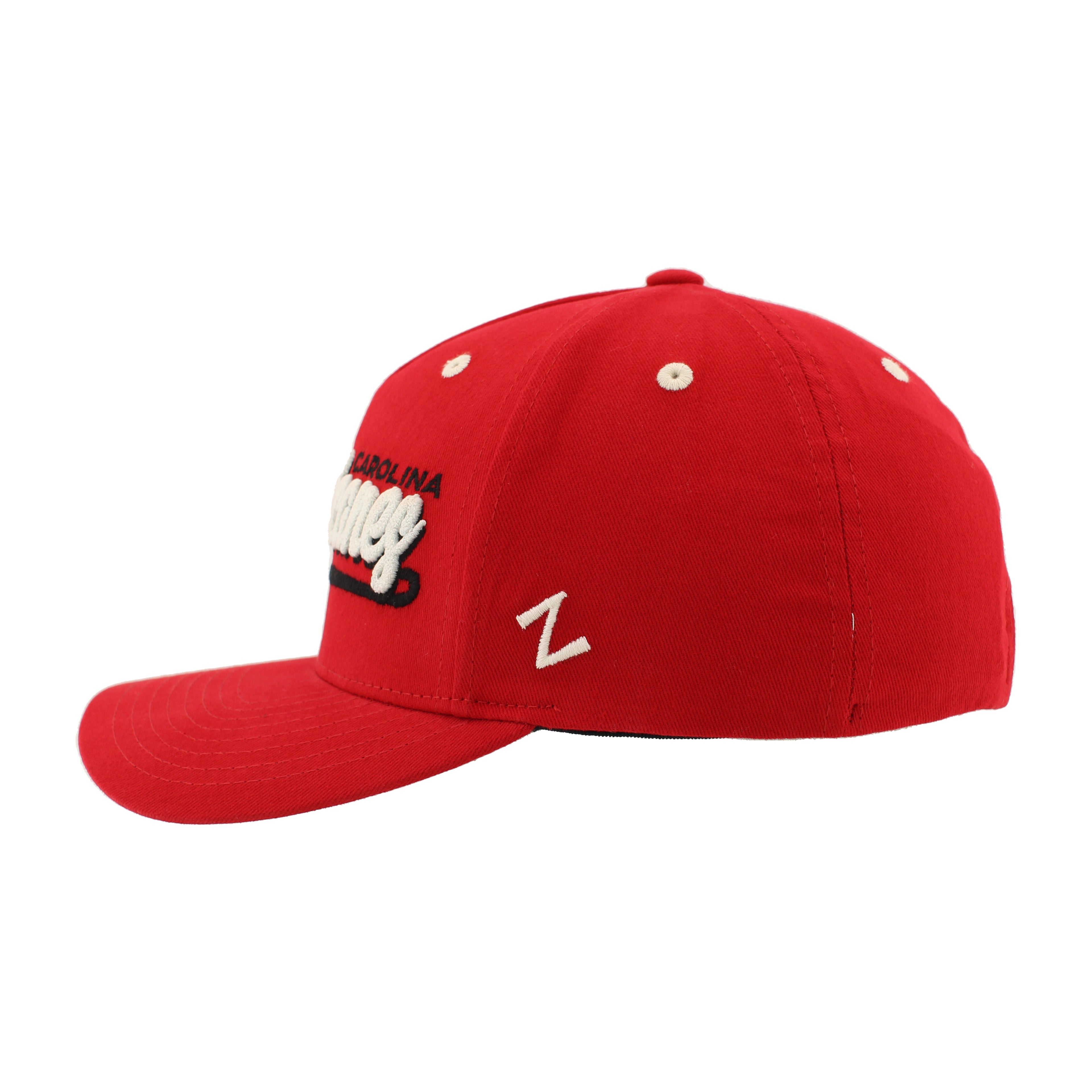 Left: Red hat with white "Z" Zephyr logo on side, white eyelets