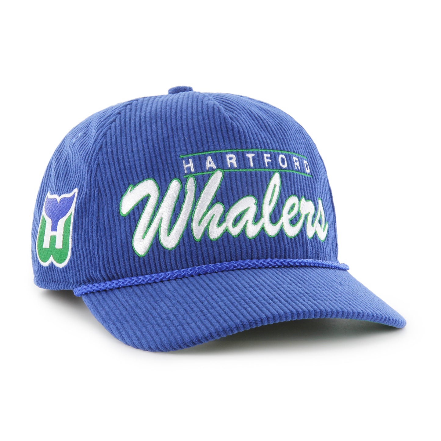 Right: Blue corduroy hat with blue rope, Whalers logo on right side