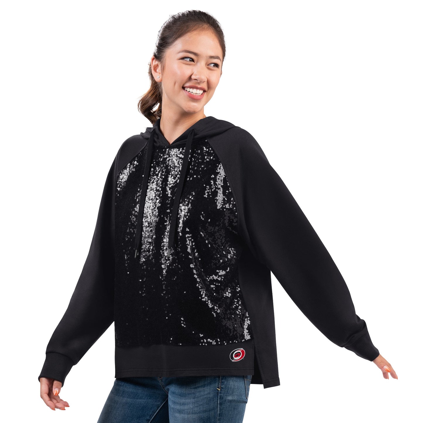 Front: Black pullover hoodie with sequin covering front, primary logo at left waist