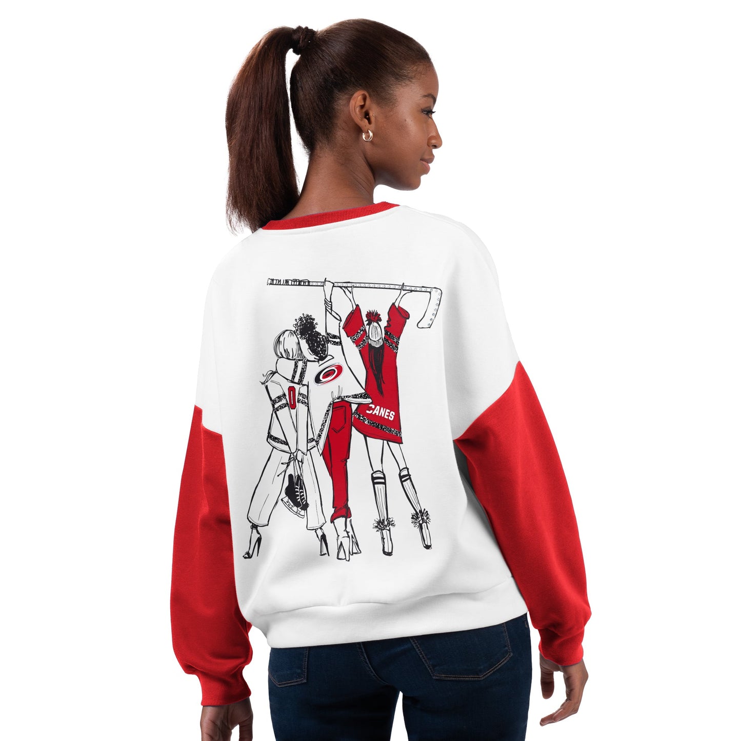 Back: white sweater with half red sleeves, graphic of 3 Canes on back