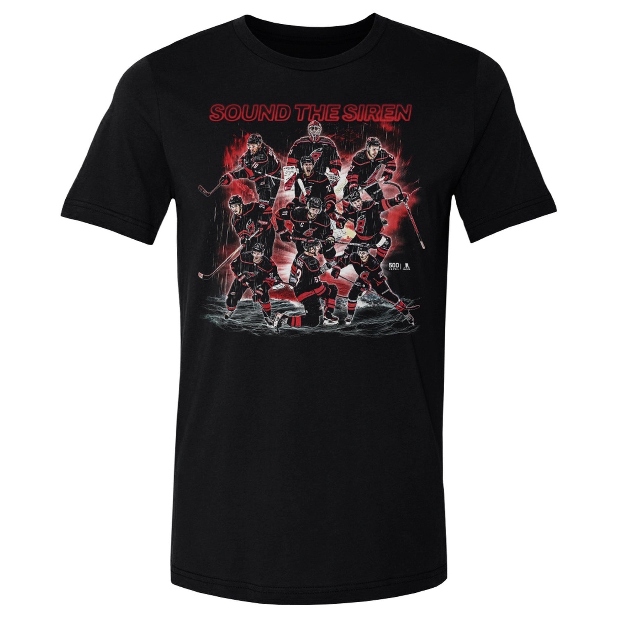 Black tee, art of 10 Hurricanes players in front of a storm; "SOUND THE SIREN" in red