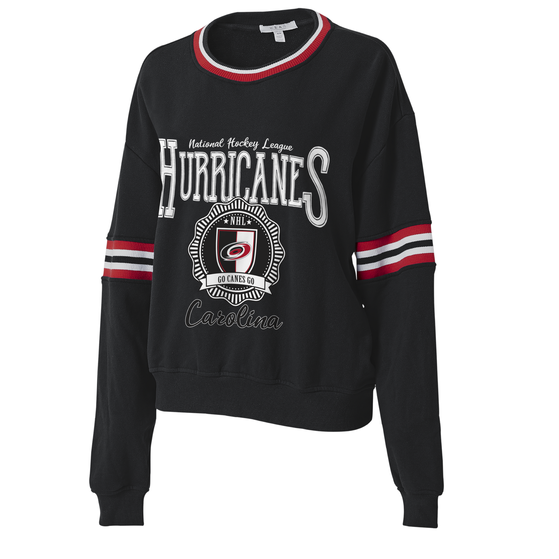 Front: Black sweater with red and white striping, Hurricanes sorority-style graphic on front