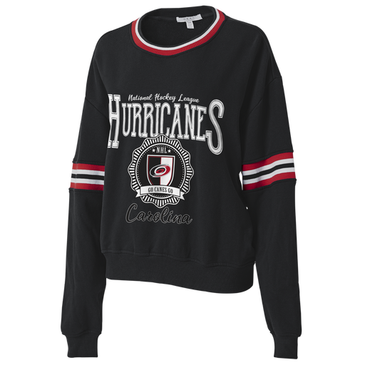 Front: Black sweater with red and white striping, Hurricanes sorority-style graphic on front