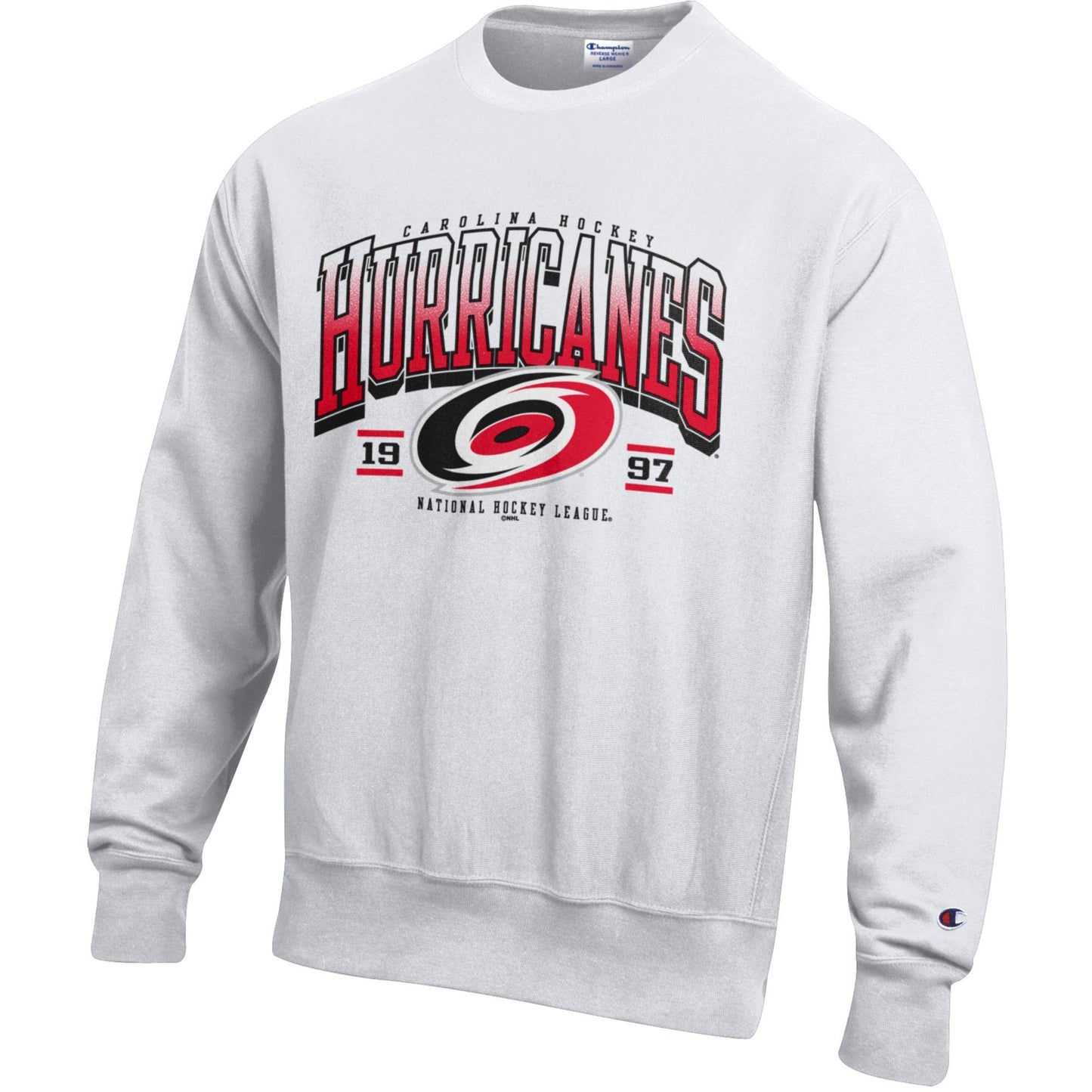 white crewneck with Carolina Hurricanes 1997 gradient graphic