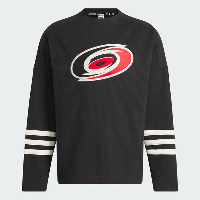 Front: Black sweater with 3 white stripes on sleeves, primary logo on front