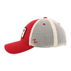 Left: Red eyelets and crown, red "Z" Zephyr logo on left side of white meshback