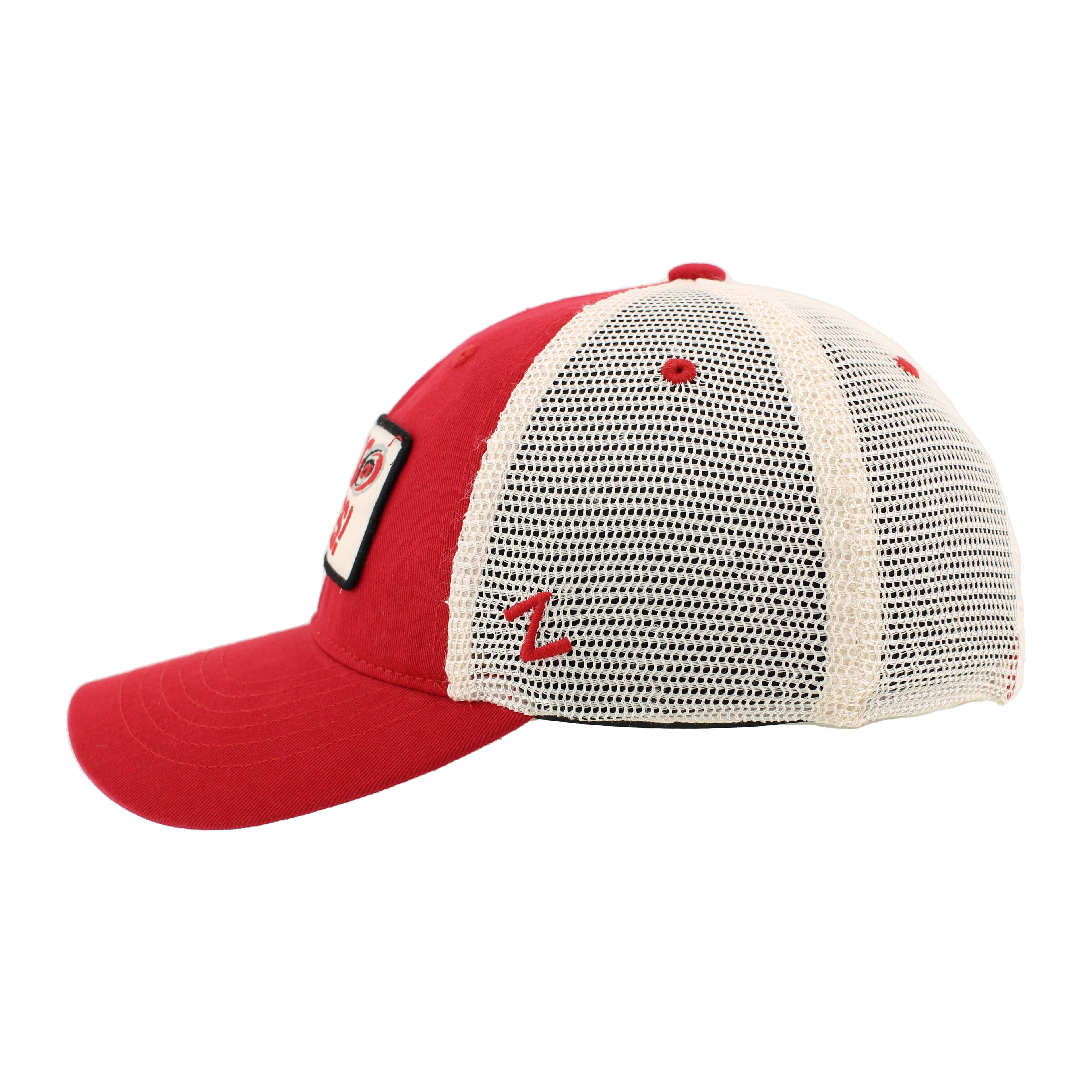 Left: Red eyelets and crown, red "Z" Zephyr logo on left side of white meshback