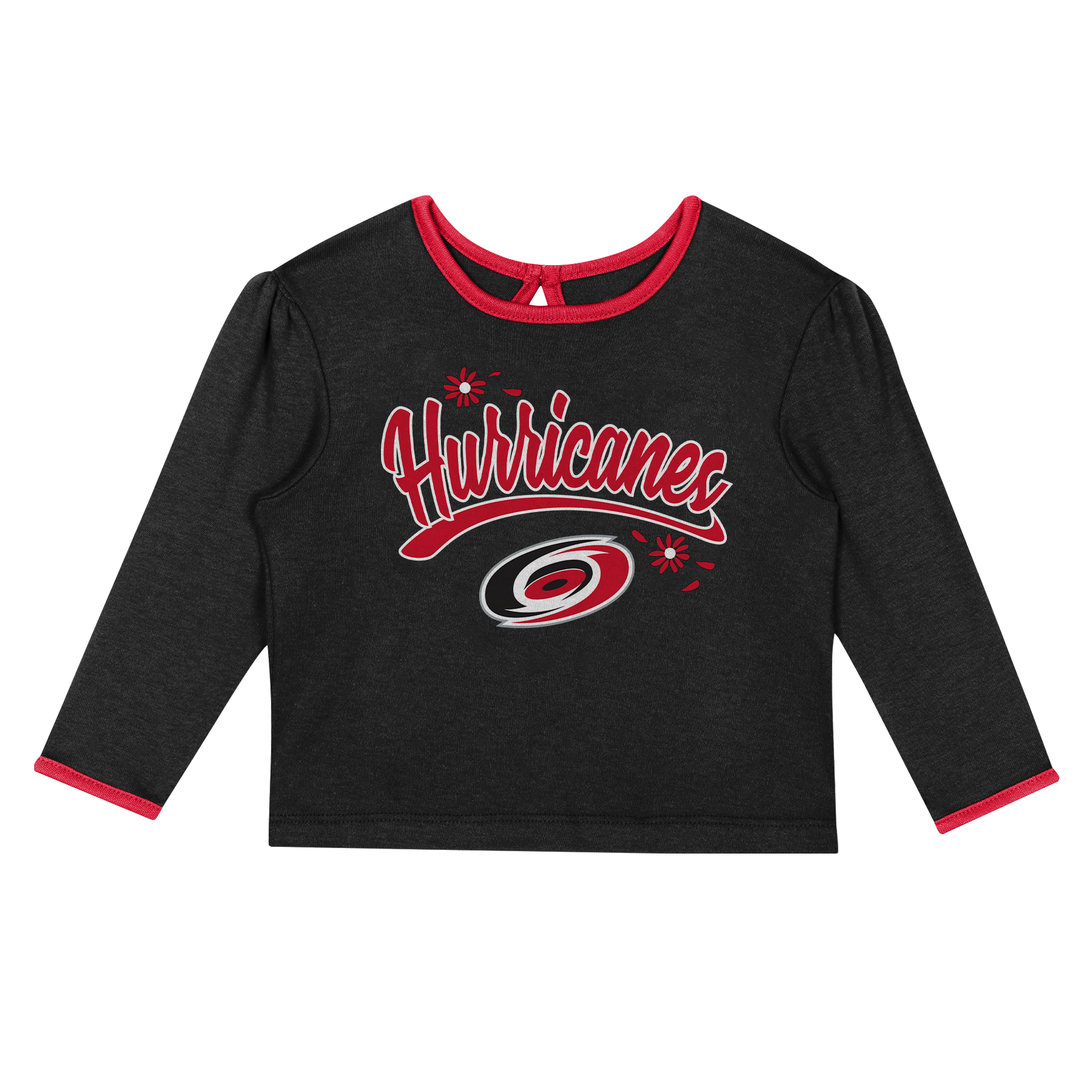 Front: Longsleeve black tee with red trim, Hurricanes graphic on front