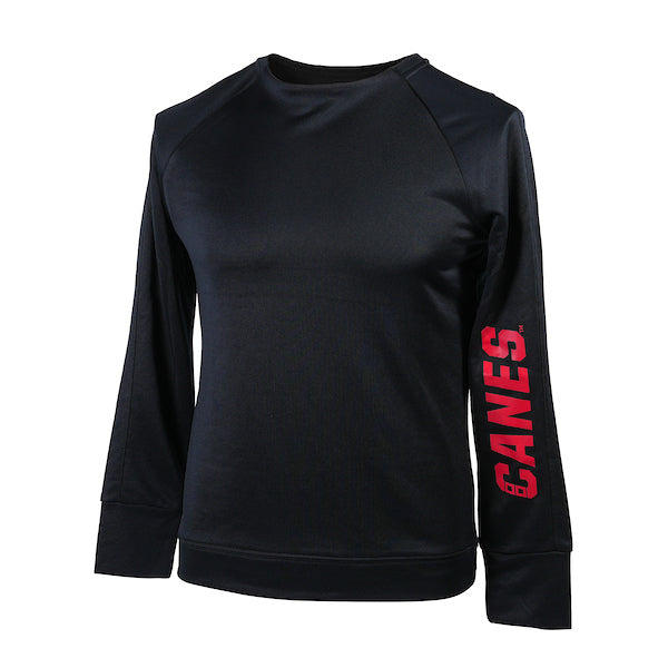 Black longsleeve tee with Canes wordmark down left sleeve in red