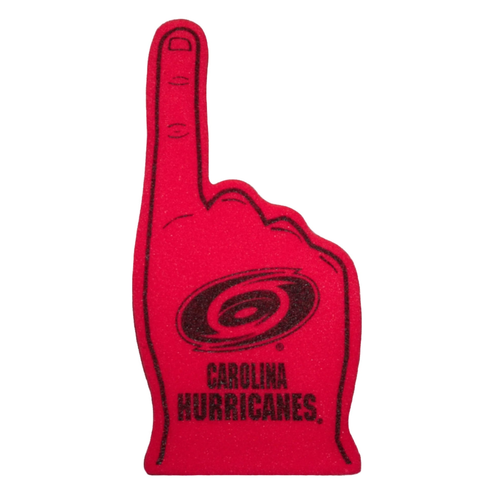 Red foam finger that says Carolina Hurricanes in black with primary logo in black