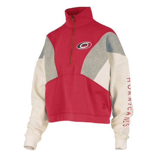 Red quarter-zip with grey and cream trim, Primary logo on chest, "HURRICANES" on left sleeve