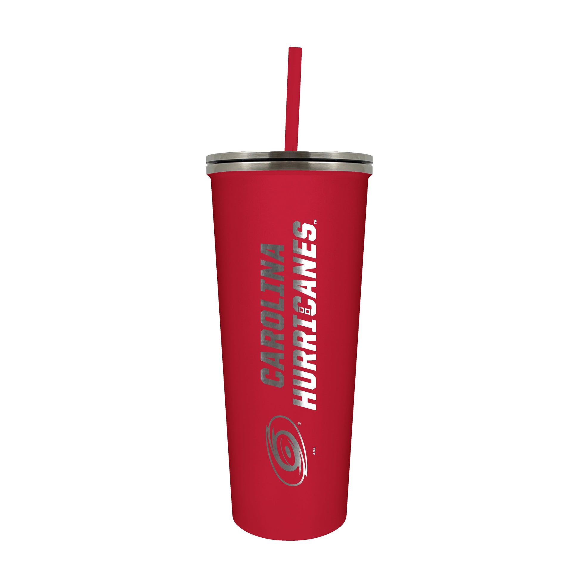 Red tumbler with red straw, Carolina Hurricanes in metallic on cup with primary logo