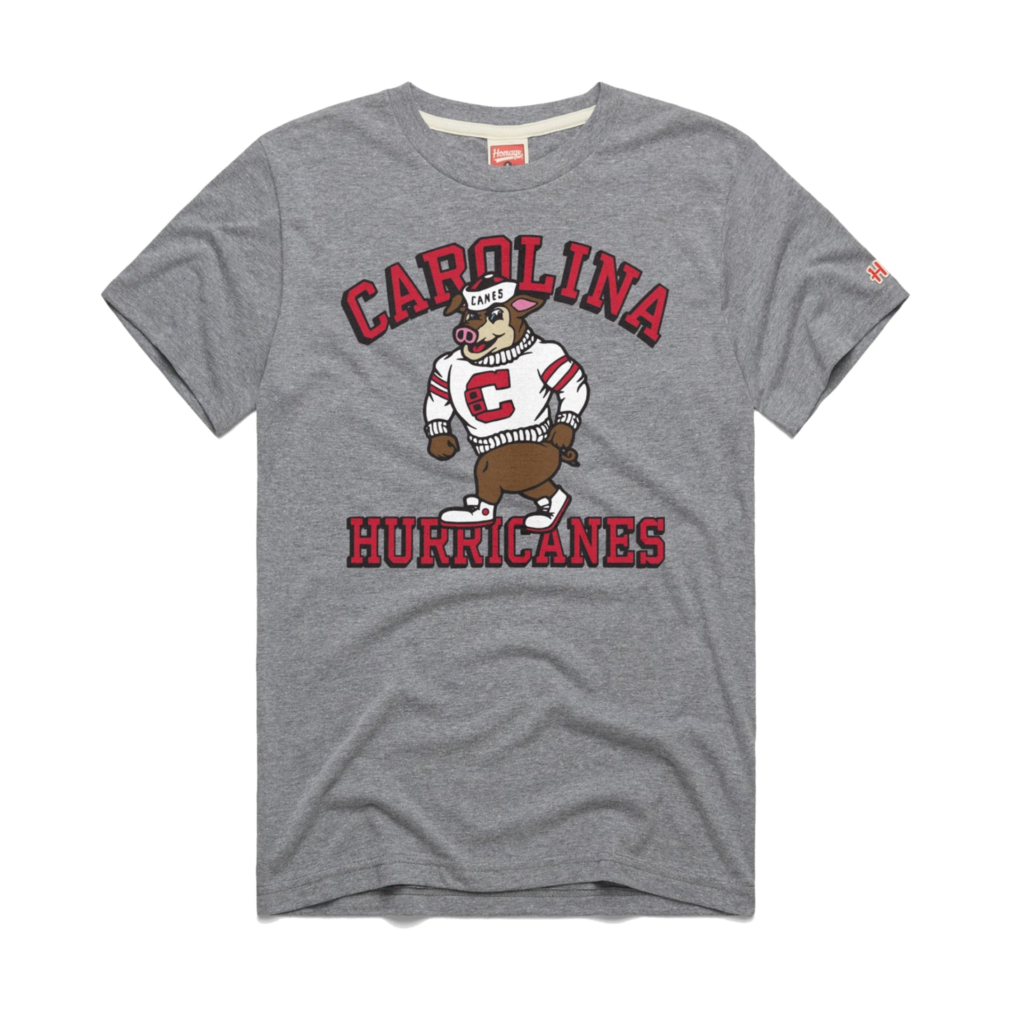 Gray tee with graphic on front that says Carolina Hurricanes in red with Vintage Stormy