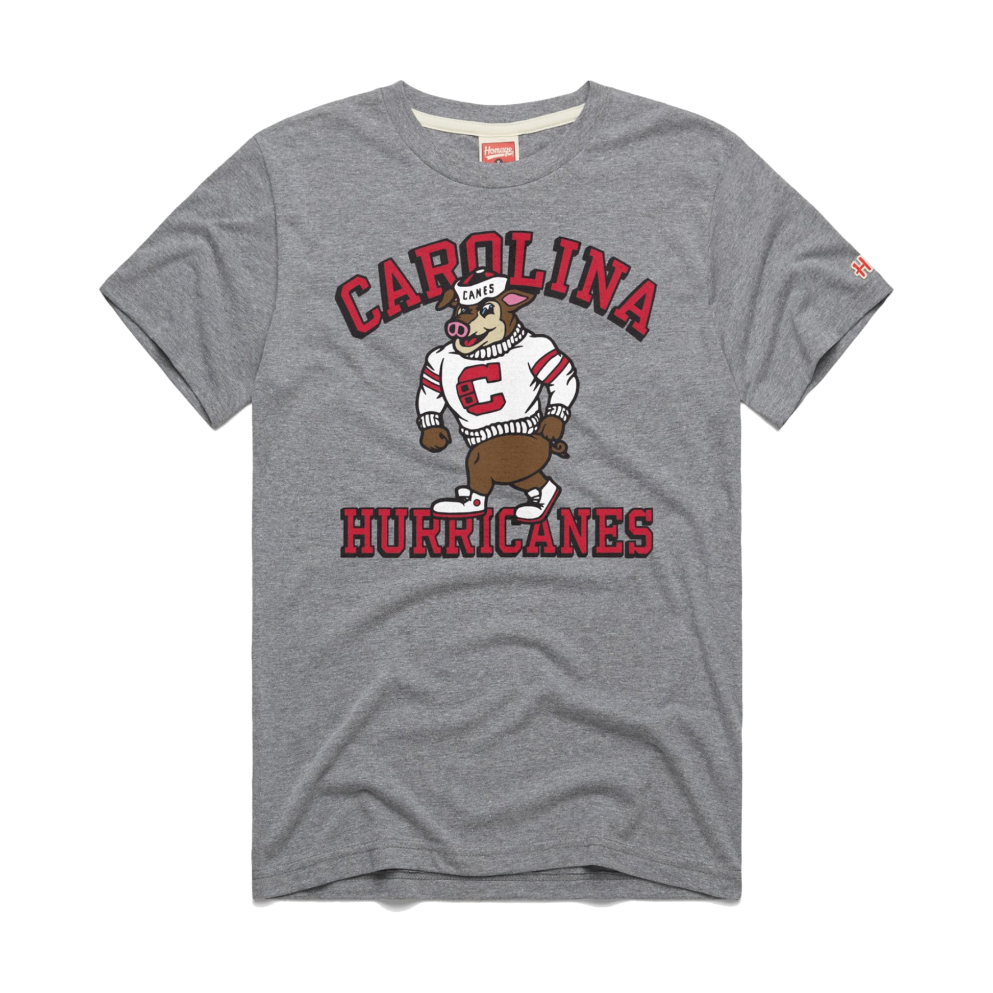 Gray tee with graphic on front that says Carolina Hurricanes in red with Vintage Stormy
