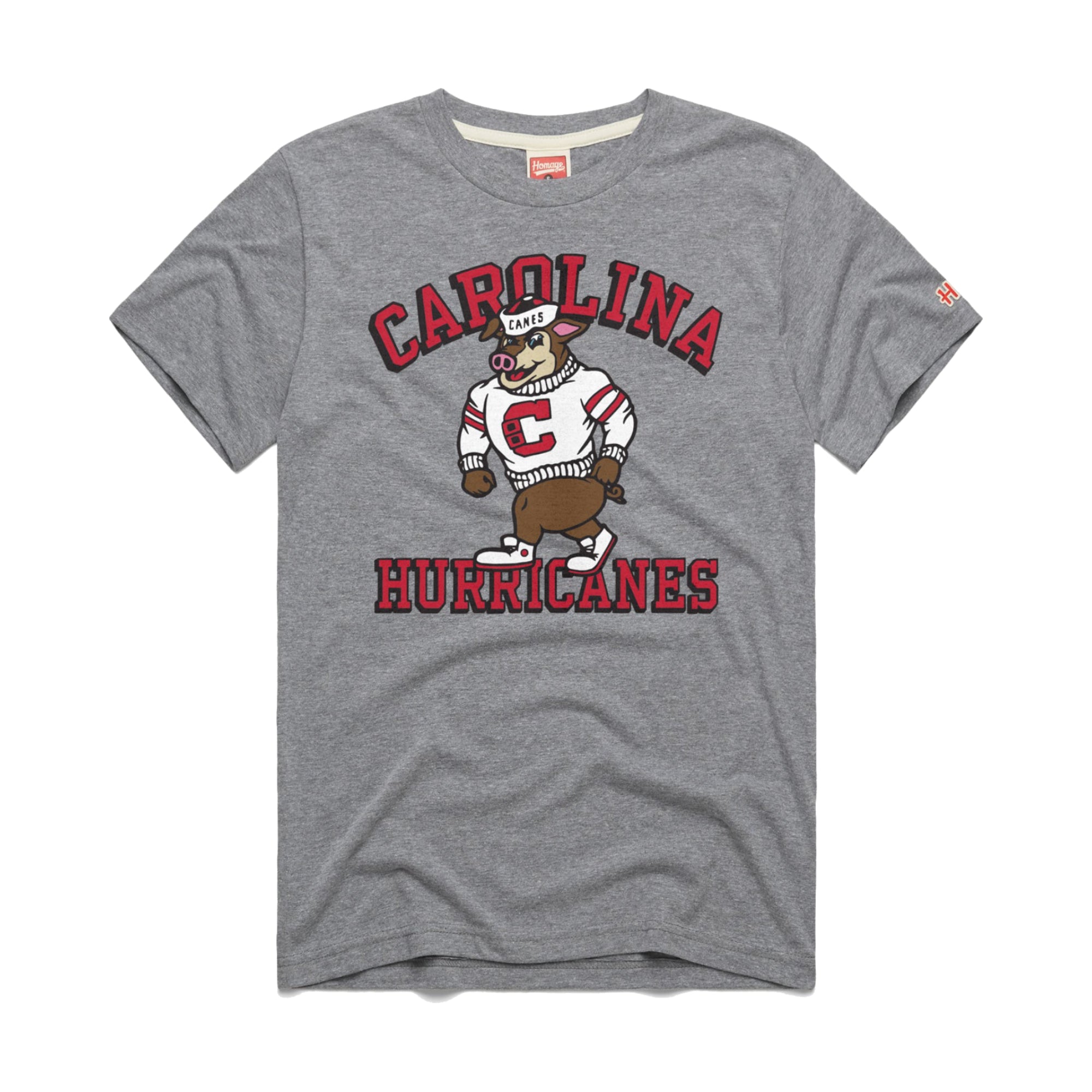 Gray tee with graphic on front that says Carolina Hurricanes in red with Vintage Stormy
