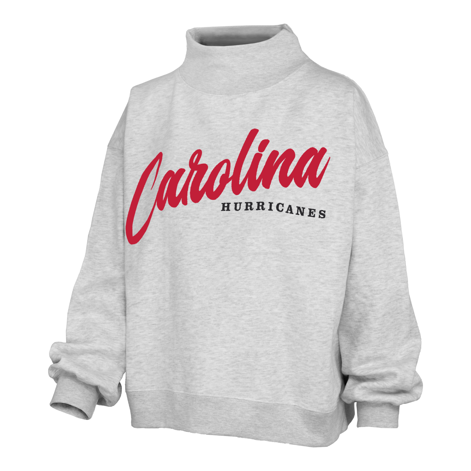 Gray sweater with turtleneck; :"CAROLINA" in cursive in red, "HURRICANES" in black
