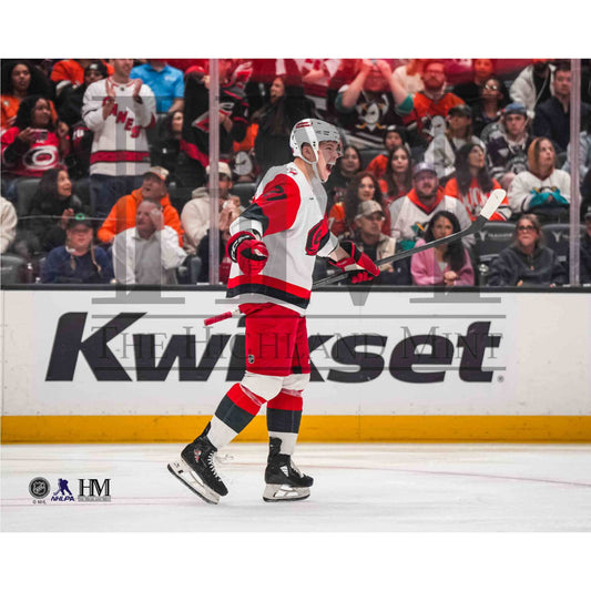Photo of Hurricanes defenseman Alexander Nikishin celebrating his first career NHL goal