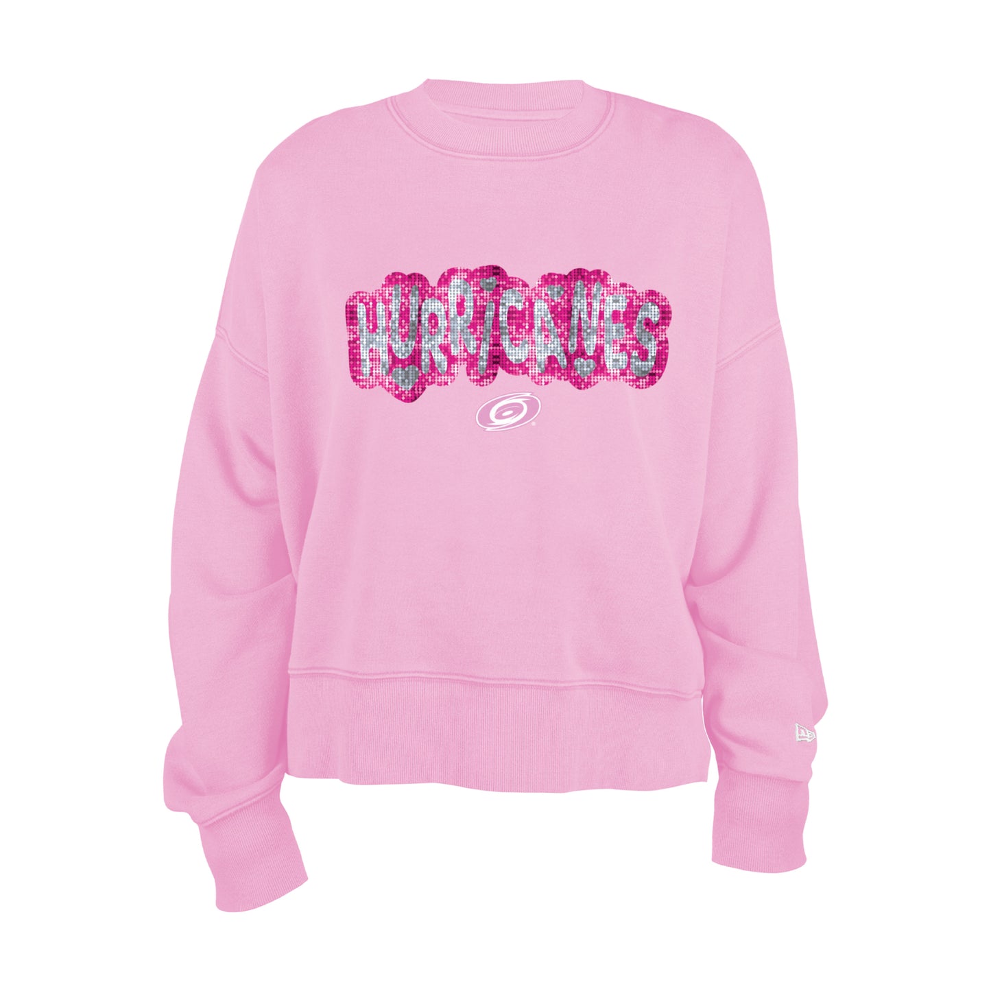 Front: Pink sweater, "Hurricanes" in grey with pink outline in sequin, whiteout Primary logo beneath