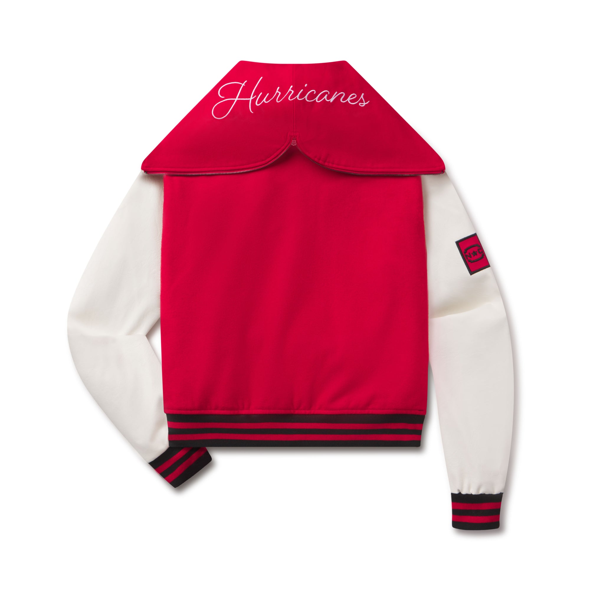 Back: Sailor jacket with hood down, "Hurricanes" in cursive white on hood
