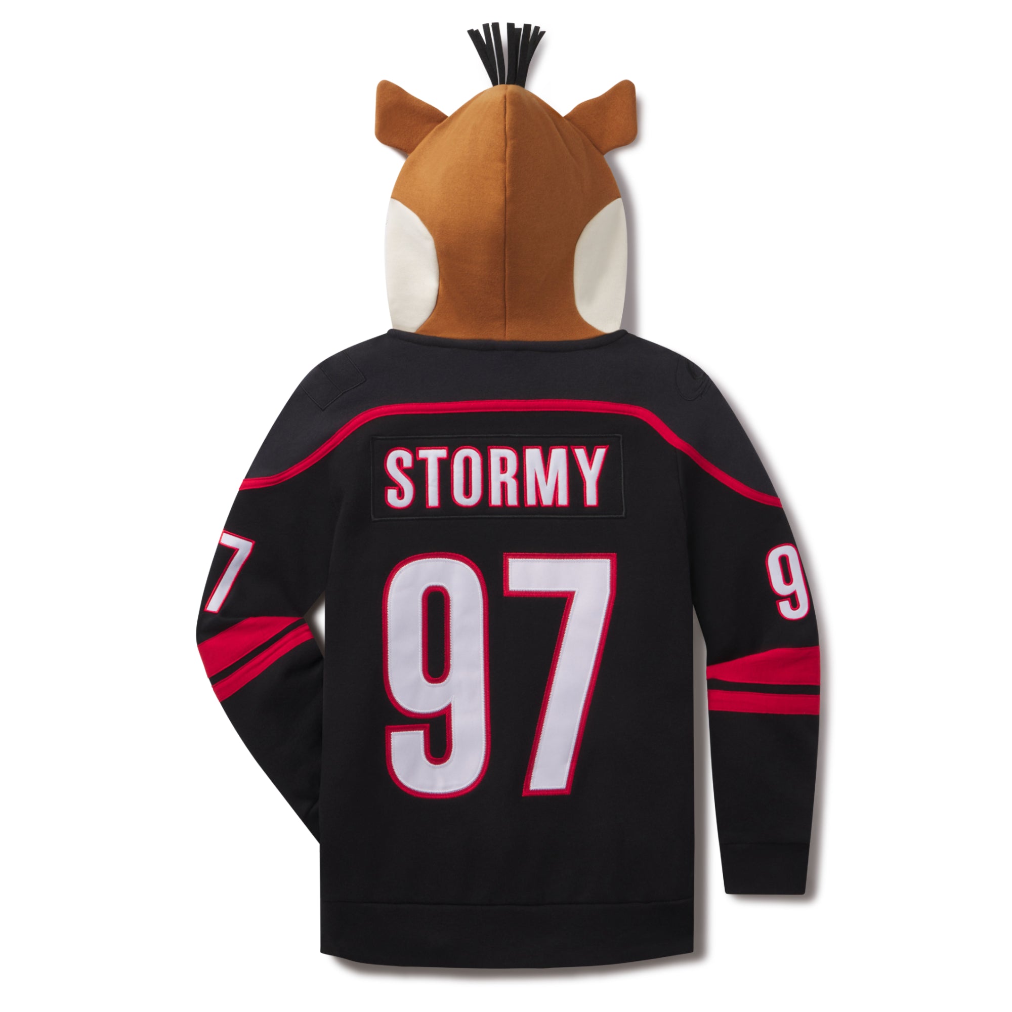 Back: Black hoodie, "STORMY 97" on back, "97" on sleeves in white and red