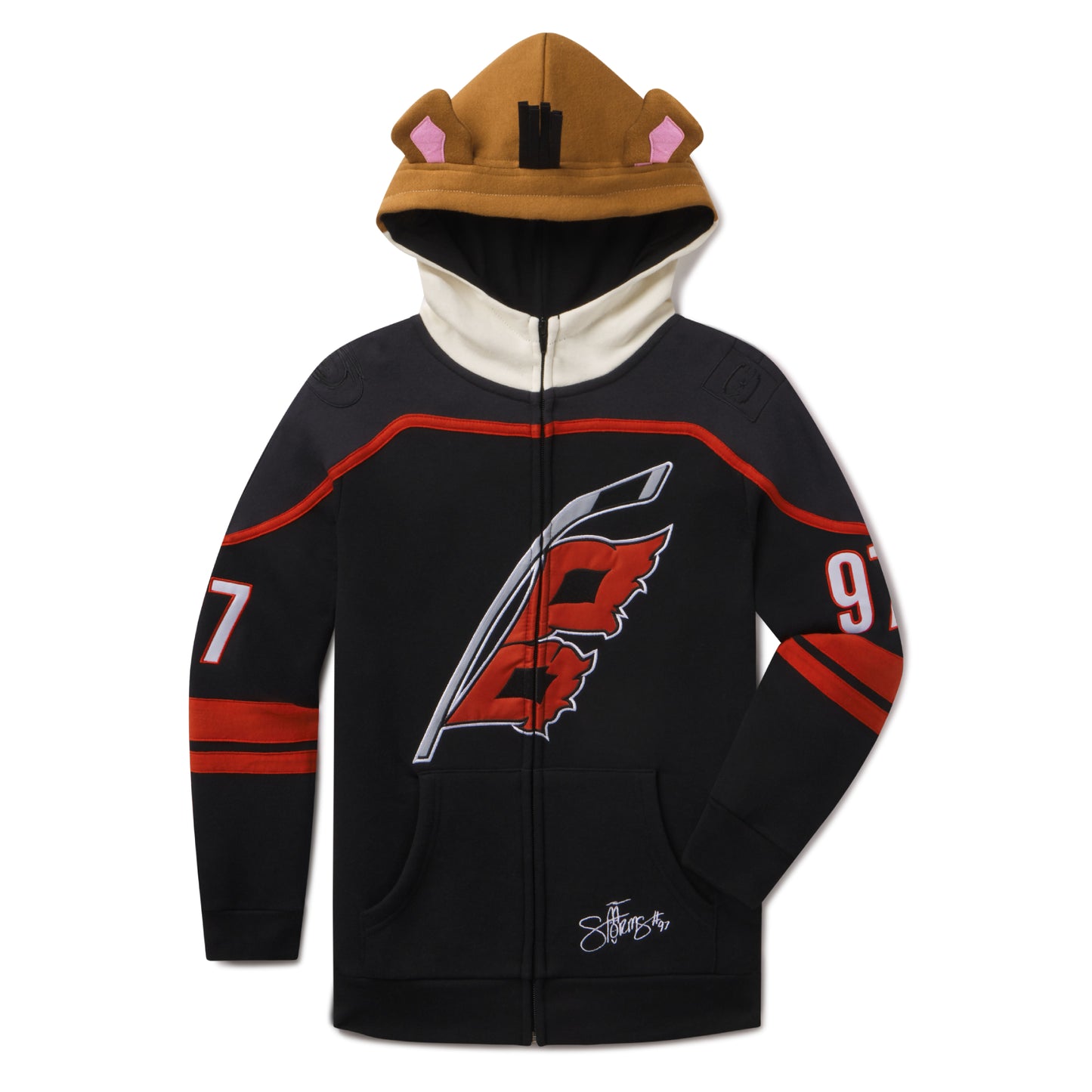 Front: Black full zip hoodie of black Hurricanes jersey, Stormy head for hood
