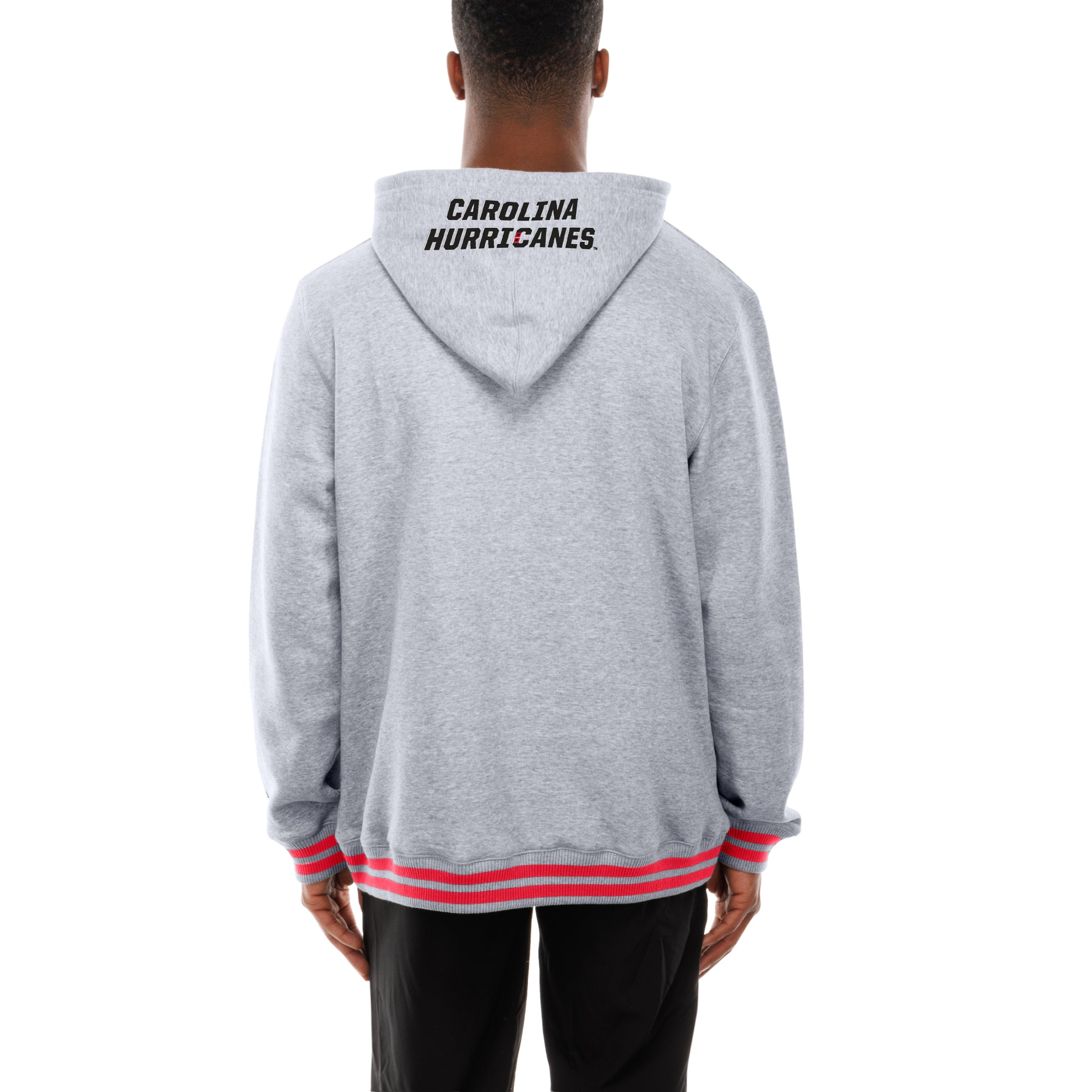 Back: Grey hoodie, "Carolina Hurricanes" wordmark on hood, red double stripe on waist and wrists