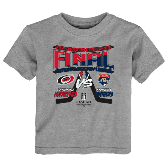Gray tee with 2023 Eastern Conference Final graphic featuring Hurricanes Panthers logos and two hockey sticks